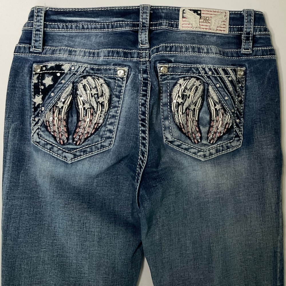 Miss Me 29 Embellished Angel Wings American Flag Stars Boot Cut Jeans Patriotic
